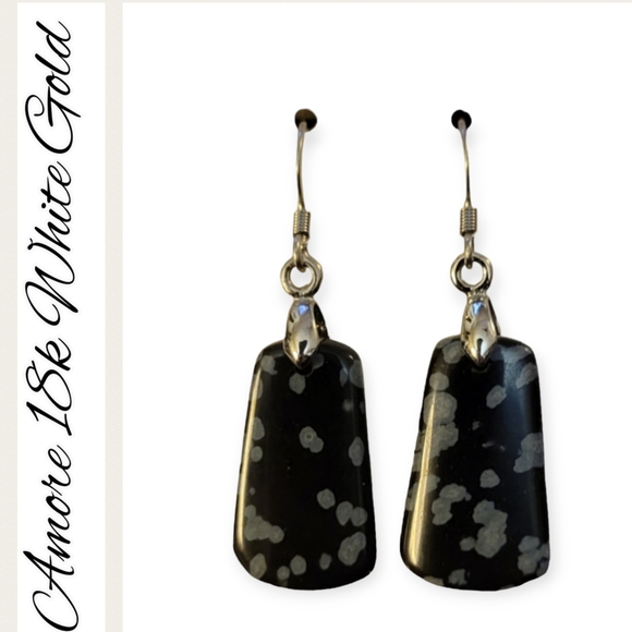 18k white gold Natural Black Snowflake Obsidian Trapezoid Stone Earrings - Picture 7 of 8